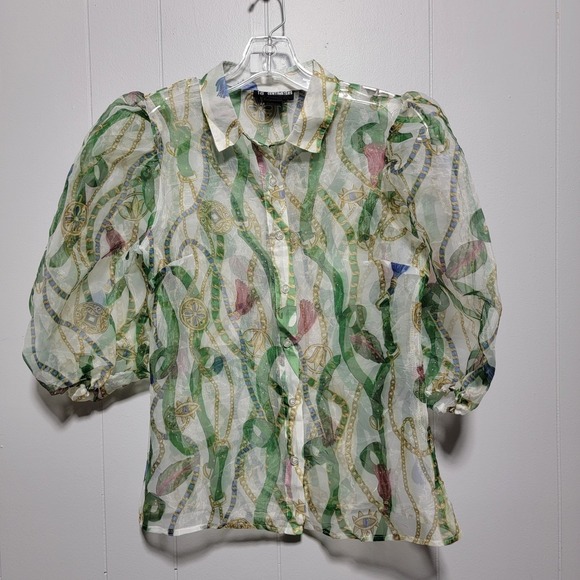 18 Centimeters Tops - 18 Centimeters Sheer Chiffon Chain Print Puff Sleeve Collared Button Up Blouse M